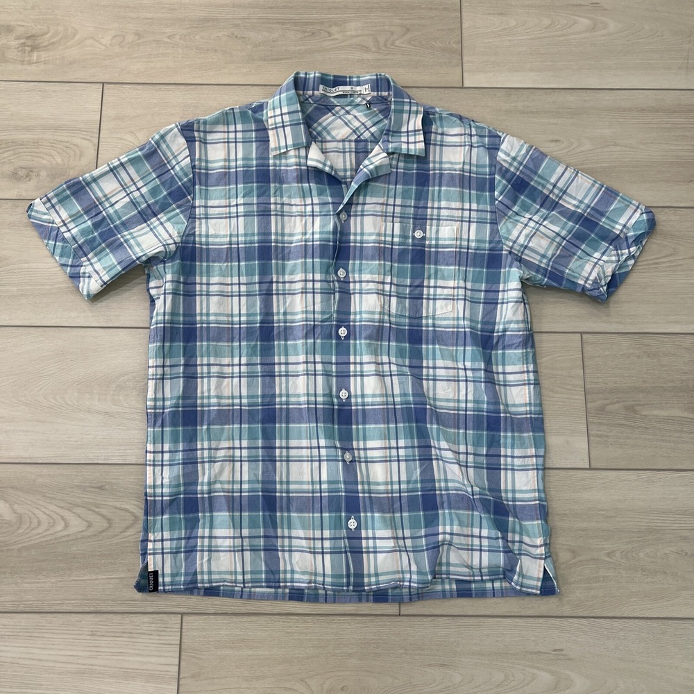 Criquet Men's Blue Plaid Tencel Blend Short Sleeve Shirt Stretch Polo Size‎ M